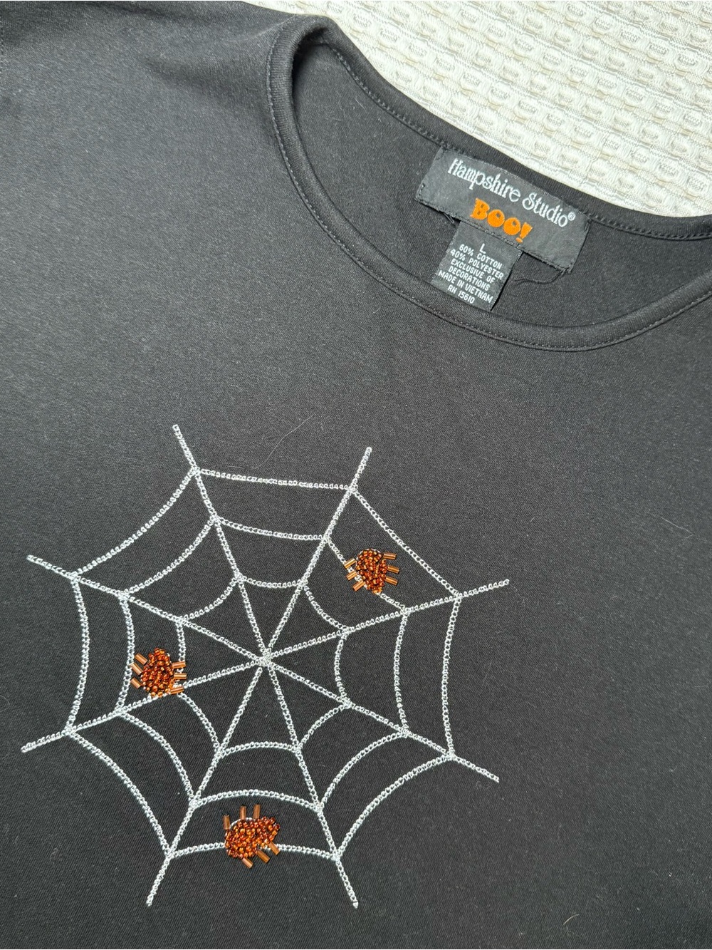 Hampshire Studio Boo Halloween Shirt Womens Large Long Sleeve Spider Web Bling
